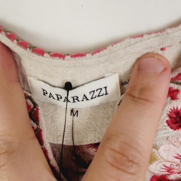 New Paparazzi tan floral embroidered linen sleeveless dress size M boho resort - Picture 3 of 8